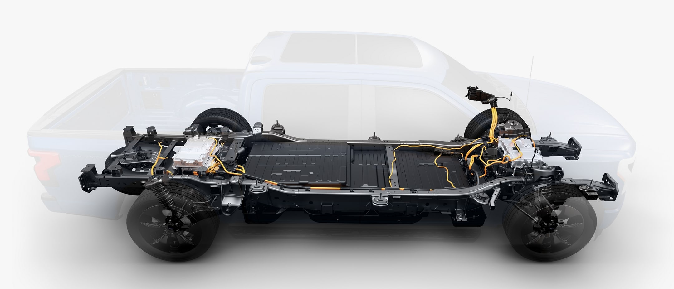 Bild som visar Lithiumjon batteripack och rambalkar / chassit på ford f-150 Lightning
